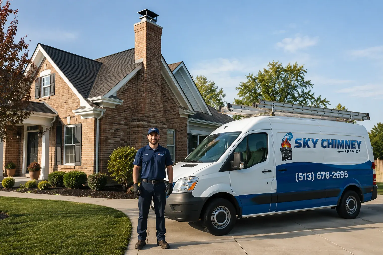 The Chimney Sweep Experts technician and branded van in St. Louis MO